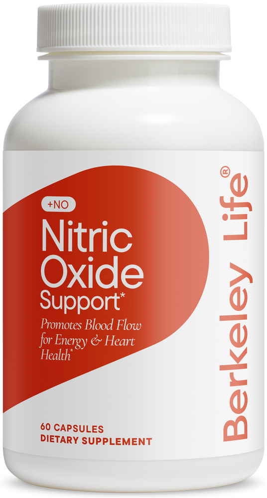 A white Berkeley Life supplement bottle. The label reads Nitric Oxide Support, promotes blood flow for energy and heart health, 60 capsules.